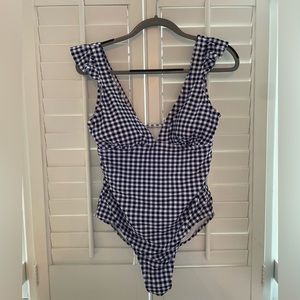 Gingham ruffle shoulder one piece